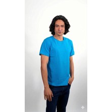 %100 Pamuk Basic Tişört Rahat Kalıp Unisex Günlük Spor T-Shirt Turkuaz