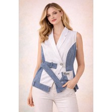 Coral Kot Detaylı Beyaz Denim Yelek