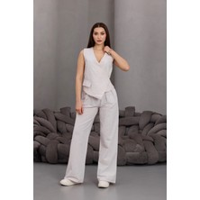 Fehu Bloom Kadın Çift Pileli Palazzo Bej Pantolon Yan Düğme Asimetrik Keten Yelek Takım