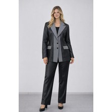 Deri Detaylı Çift Yaka Gri Ceket