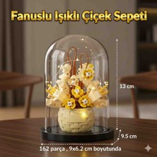 Kobe Fanuslu Işıklı LEGO Tarzı Çiçek Sepeti Yapı Blok Seti – 162 Parça, LED Peri Işıklı Fanus 13 cm