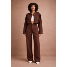 Baklava Desenli Bol Paça Kahverengi Kot Pantolon