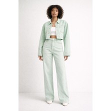 Lazer Desenli Buz Mavisi Kısa Kot Ceket