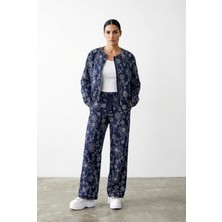 Nakış Detaylı Düz Kesim Keten Lacivert Pantolon