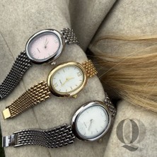 Quest Melani Oval Çelik Kasa Mineral Cam Beyaz Kadran Altın Metal Kordon 1 Atm Suya Dayanıklı Kadın Kol Saati