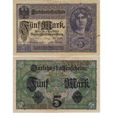 Banknoting Almanya 5 Mark 1917 Birinci Dünya Savaşı Dönemi. Çok Çok Temiz(-)