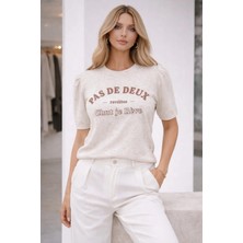 Kahverengi Baskı Detaylı Bej Triko Bluz