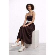 Lastik Detaylı Fitilli Kahverengi Uzun Elbise