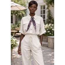 Fular Detaylı Büzgülü Kısa Bej Gömlek