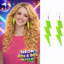 Nexgen 80’ler 90'lar Retro Neon Yeşil Şimşek Küpe 10 cm