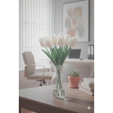 Yapay Lüks Islak Görünümlü Beyaz 8li Islak Lale Buketi