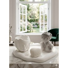 Doğal Beton El Yapımı Buket Vazo, Kalp Objeli Mermer Desenli Sunum Tepsisi ve Kadın Büstü Mum Seti