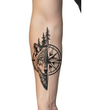 Tattoo Gerçekçi Kurt ve Pusula Model Geçici Kol Bacak Geçici Sticker Yapıştırma Dövme