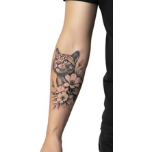 Tattoo Gerçekçi Kedi ve Çiçek Model Geçici Kol Bacak Geçici Sticker Yapıştırma Dövme