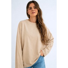 Guaraz Kadın Relax Fit Rahat Kesim %100 Pamuk Uzun Kollu Bisiklet Yaka Basic Tişört