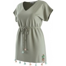 Zelice Tasarım Keten Kumaş Yeşil Yazlık Elbise/ Plaj Elbisesi