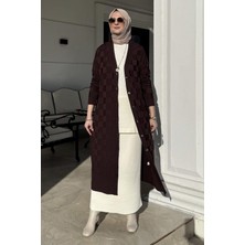 Rabia Şamlı Dama Desenli Triko Hırka Acı Kahve