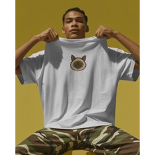 Muhtar Store Erkek Siyam Kedi Baskılı Oversize Tişört – Minimal Siamese Cat Tasarım