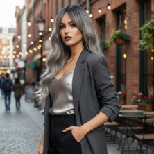 Dalgalı Perçemli Fiber Sen Orta Boy Peruk / Siyah Gri Ombreli