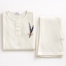 Kadın Beyaz %100 Pamuk Pointel Desenli Uzun Kollu Pijama Takımı