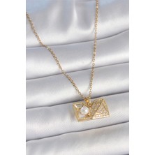 316L Çelik Gold Renk Zincir Zirkon Taşlı Açılır Incili Elmas Model Kadın Kolye - Lisinya