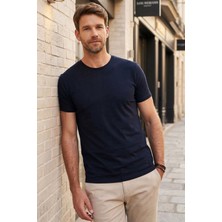 Tudors Unisex Slim Fit Dar Kesim %100 Pamuk Yumuşak Dokulu Lacivert Bisiklet Yaka Tişört