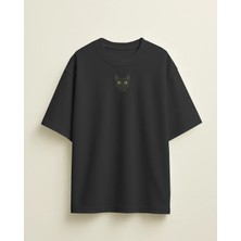 Muhtar Store Erkek Siyah Kedi Baskılı Oversize Tişört – Minimal Black Cat Tasarım