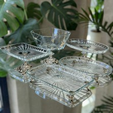 Çnr Home Collection Vintage 5 Parça Gümüş-Gold Kristal Sunum Seti - Kase, Ayaklı Tabak ve Kulplu Tepsi Gümüş