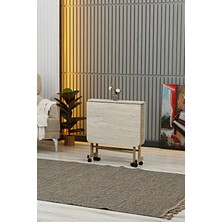 Alchair Almira 70 x 110 Traverten Açılabilir Katlanabilir Tekerlekli Mutfak Çalışma Masası Vizon Metal Ayak