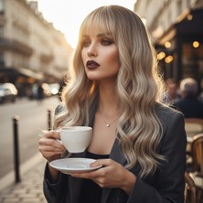 Dua Giyim Dalgalı Kısa Perçemli Fiber Sen Peruk / Kahve / Platin Ombre ve Röfleli