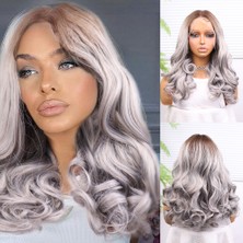 Dua Giyim Açık Kumral Gri Ombreli Bebek Lı Geniş Dalgalı Fiber Sen Tül Peruk