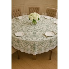 Rona Home Lüks Dijital Baskılı Yuvarlak Masa Örtüsü Güpürlü Yeşil Yaprak Desenli Lüks Çeyizlik Sofra Bezi