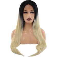 Dua Giyim Fiber Sen Düz Uzun Tül Peruk / Siyah Platin Orta Ombreli