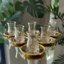 Çnr Home Collection 12 Parça 6 Kişilik Gold Metal Çerçeveli Çay Seti – 6 Bardak 6 Metal Tabak – Lüks Sunum Eco Gümüş Metal