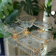 Çnr Home Collection Vintage 5 Parça Gümüş-Gold Kristal Sunum Seti - Kase, Ayaklı Tabak ve Kulplu Tepsi Gümüş