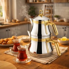 Lines Lines Naz Altın Kemerli Paslanmaz Çelik Çaydanlık 304 Kalite Kendinden Süzgeçli  Aile Boy Altın Kulp Tasarım