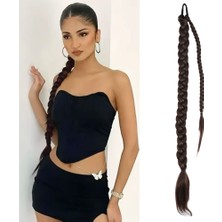 Üçlü Örgülü Tokalı Bağlamalı At Kuyruğu / Kahve Karamel