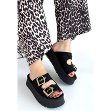 Alfaze Siyah Süet Çift Tokalı Rahat Günlük Şık Yazlık Terlik Topuk Boyu 4 cm