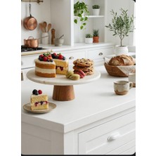 Hüco Bazaar Ahşap Ayaklı Şık Doğal Mermer Kek Standı Sunum Tepsisi