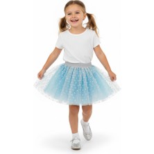 Dudese Kız Çocuk Gümüş Simli Bel Detaylı Mavi Puantiyeli Tütü Etek