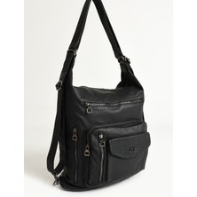 571 Collections Çanta Yıkanmış Deri Hem Sırt Hem Omuz Çantası  Siyah (Model: 571-9-10A)