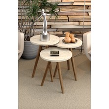 Gold Falez Zigon Sehpa 3 Lü Set Ahşap Torna Ayak Traverten