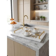 Hüco Bazaar Dekoratif Mermer Söz Nişan Sunum Tepsisi Metal Saplı (30X20)