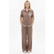 Bacc Kahverengi File Detaylı Tensel Kot Kumaş Gömlek ve Pantolon Alt Üst Takım BCHN-2626109