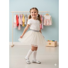 Dudese Kız Çocuk Gümüş Simli Bel Detaylı Beyaz Üstüne Puantiyeli Tütü Etek