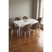Baresmu Mura Beyaz Mermer 80X132 Açılabilir Mdf Masa Yemek Odası Takımı, Mutfak Takımı 6 Adet Sandalye