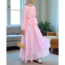 Modamorfo Kolları Lastikli Fırfırlı  Ip Detaylı Düğmeli Ikili Takım  -Pudra