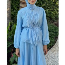 Moda Morfo Kolları Lastikli Fırfırlı  İp Detaylı Düğmeli İkili Takım  -Bebe Mavi