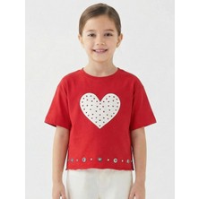 Escabel Kız Çocuk Kalp Detaylı T-Shirt 36172 Kırmızı