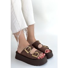 Alfaze Kahverengi Süet Çift Tokalı Rahat Günlük Şık Yazlık Terlik Topuk Boyu 4 cm